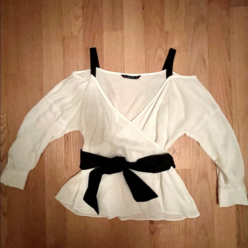 Never worn Ivory wrap top with black tie belt from Zara. Never worn